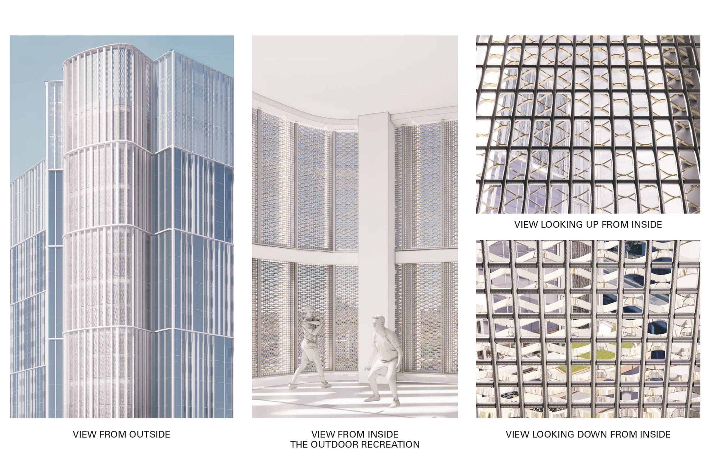 Four-view study of the secure rooftop recreation space at the Bronx facility
