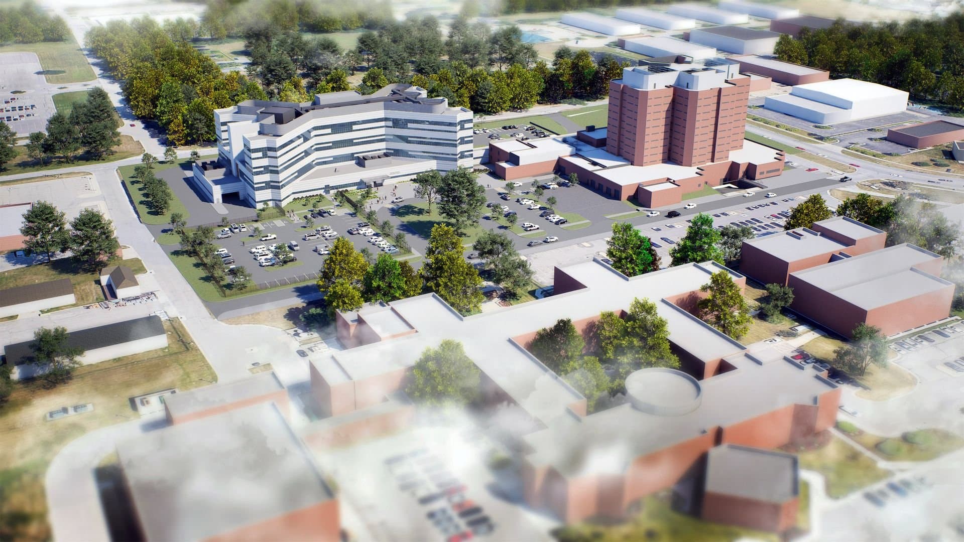 Aerial rendering showing the intake center within the jail campus