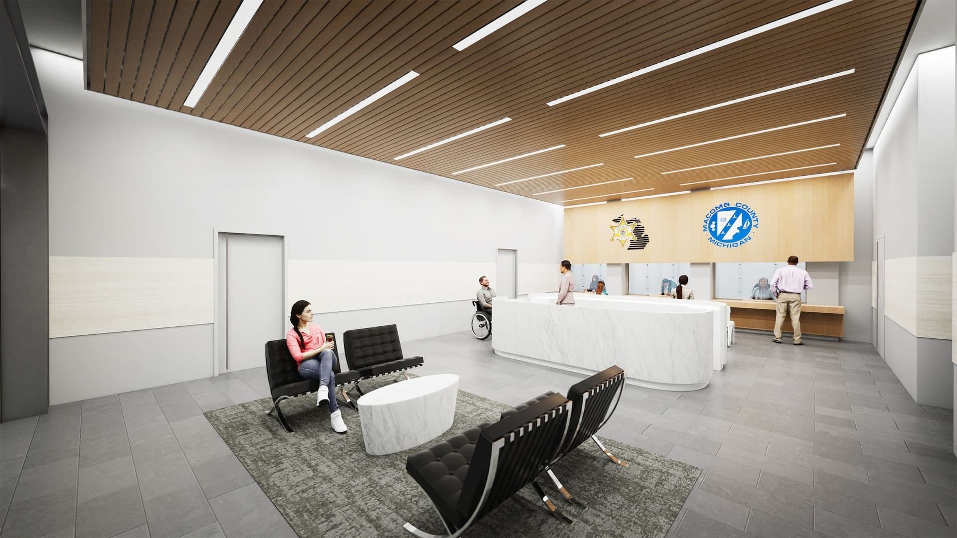 Intake lobby interior with wood-slat ceiling and reception desk