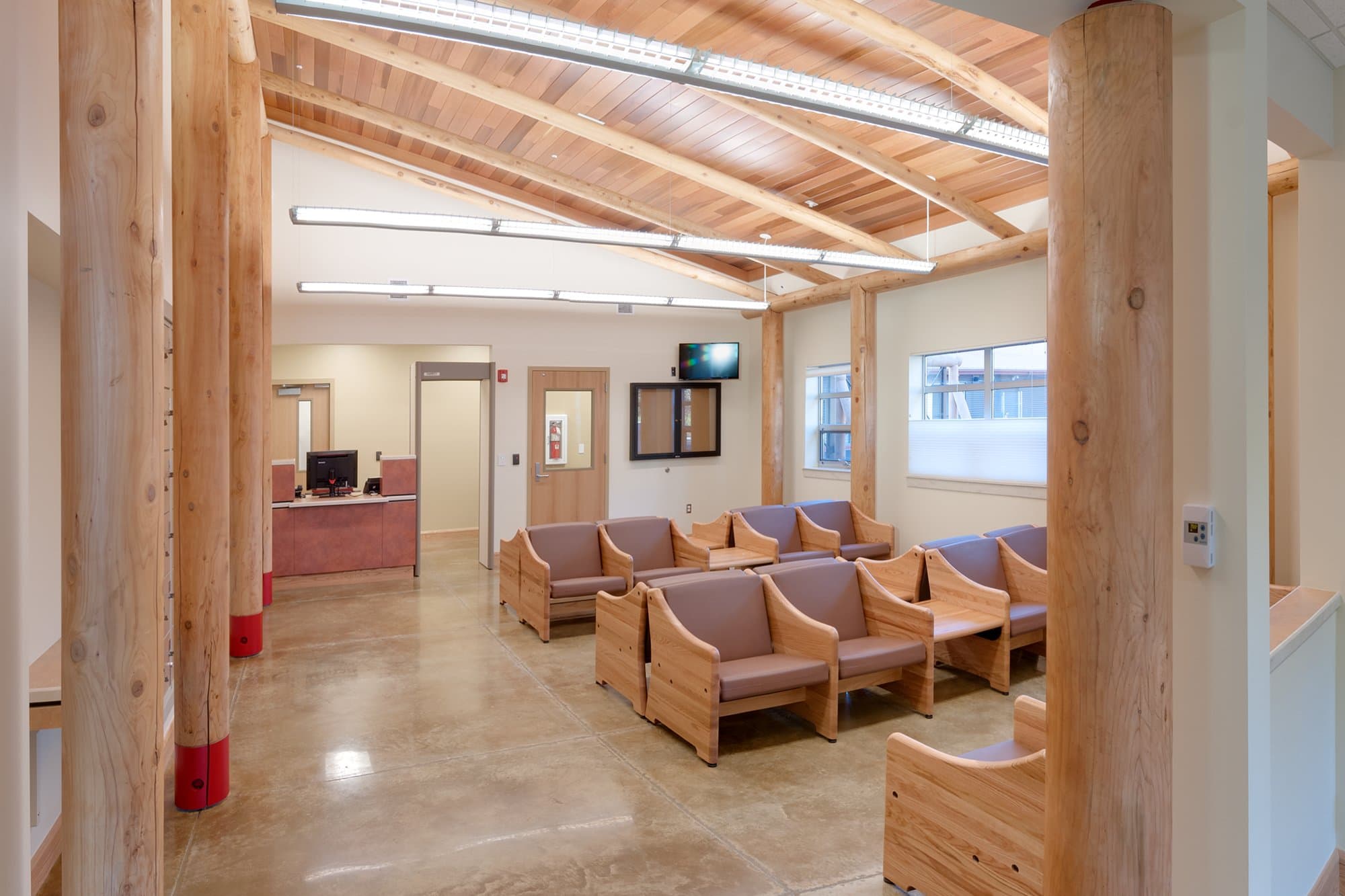 Timber-columned lobby of the Nisqually Public Safety Complex