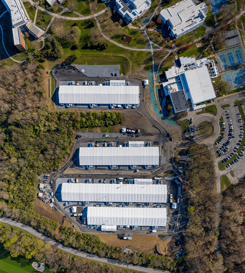 Aerial view of SUNY Old Westbury Alternate Care Facility